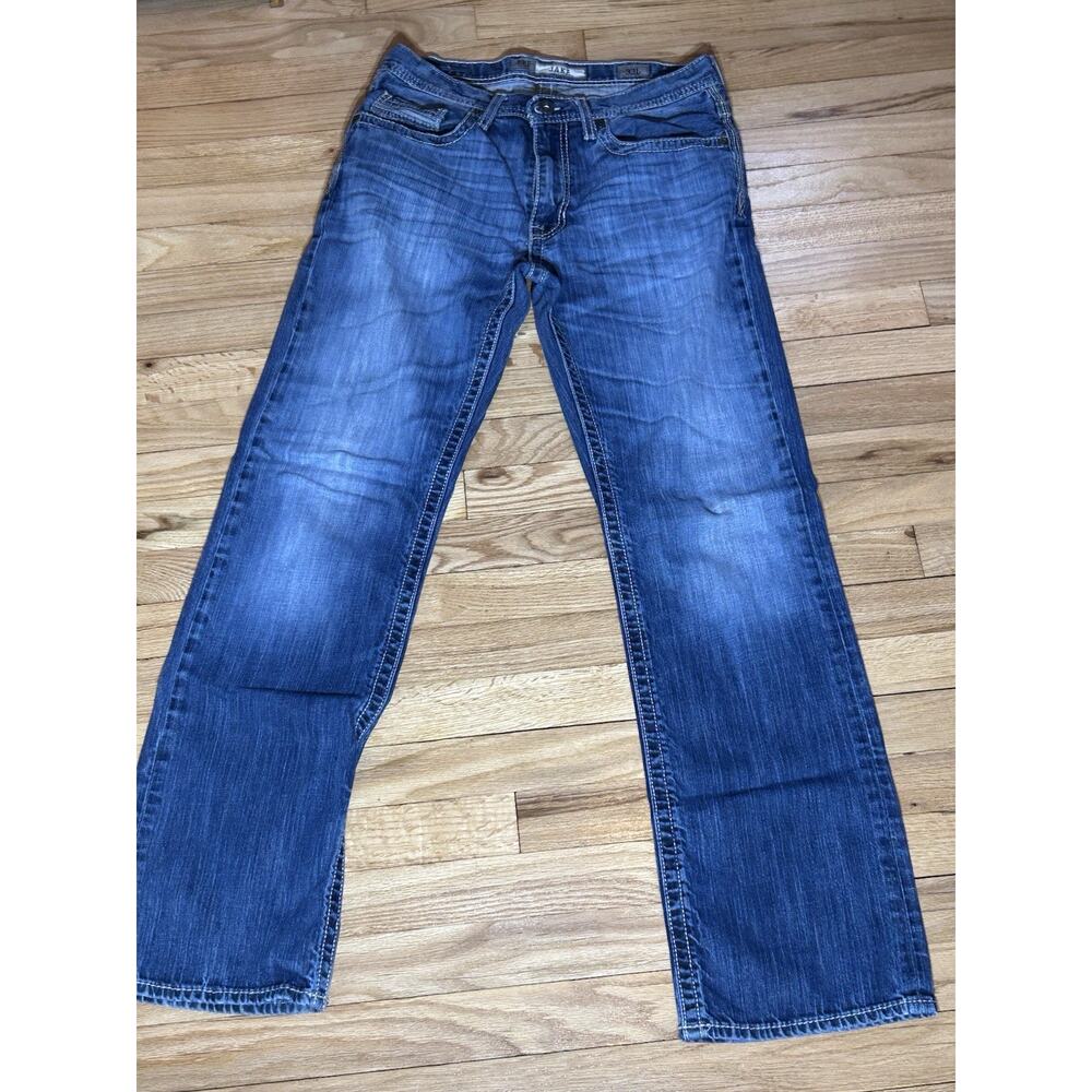 BKE Jake Straight men’s 33 x 32 blue denim jeans bold stitching stretch regular